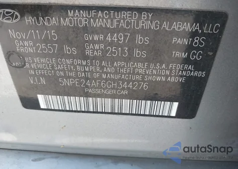 2016 Hyundai Sonata Se из США, поврежденный, VIN 5NPE24AF6GH344276